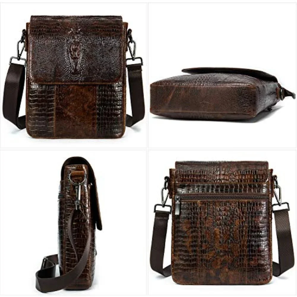 Genuine Leather Messenger Bag Crocodile Embossed Crossbody Daypack Retro